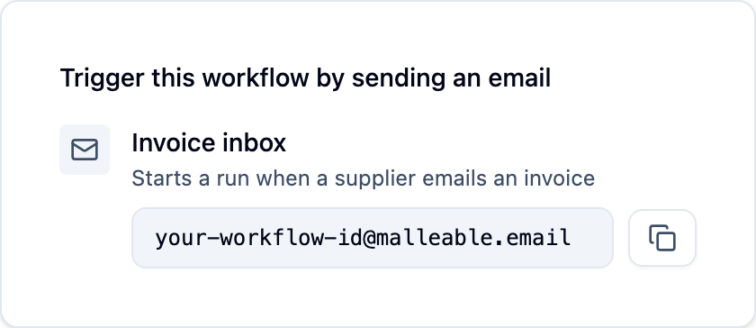 An incoming email trigger in the workflow's entry-points panel: the dedicated address that starts runs